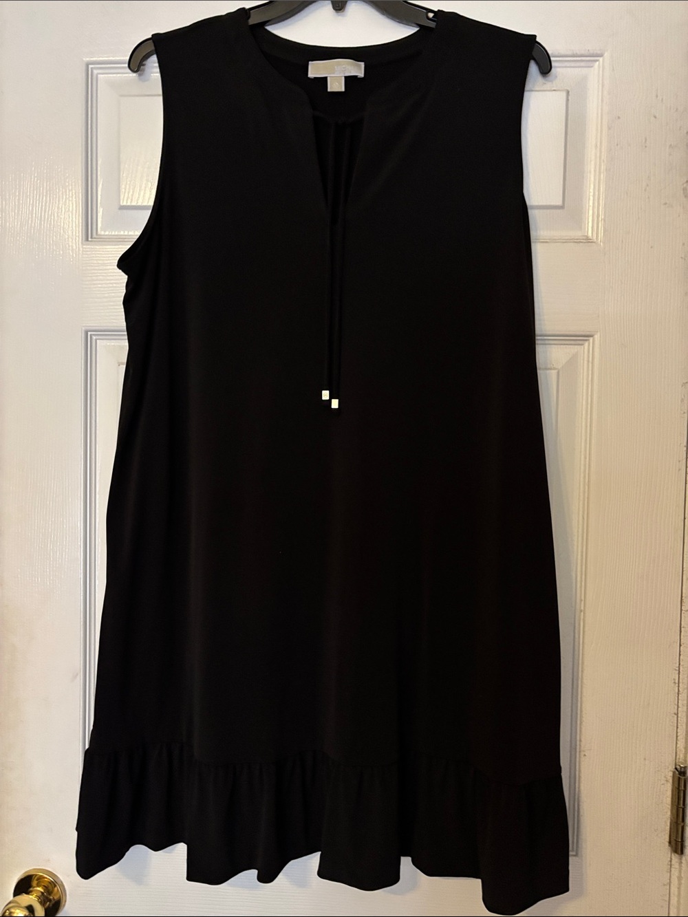 Michael Kors Black Sleeveless Tie-Neck Midi Dress with Ruffle Hem